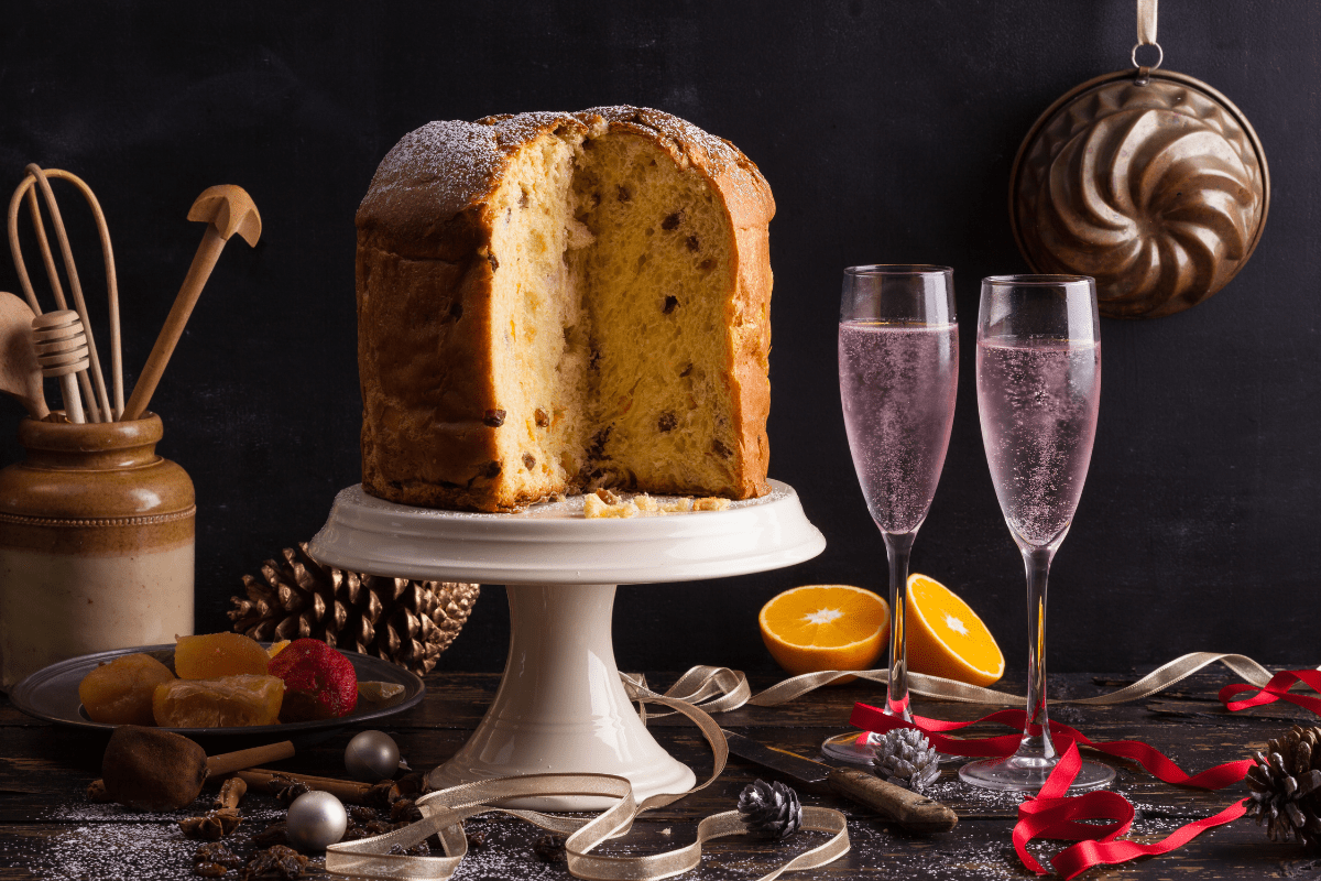 christmas table with champagne and panettone